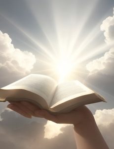 No centro da imagem, há uma mão humana delicada e acolhedora, protegida em direção a um feixe de luz suave que irradia do alto. A luz, que parece filtrar-se através de nuvens suaves e etéreas, simboliza a presença divina e a esperança que os Salmos trazem para aqueles que estão passando por momentos de angústia.