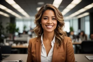 Uma profissional confiante e motivada, visualizando seu sucesso enquanto está cercado por um ambiente de escritório harmonioso.