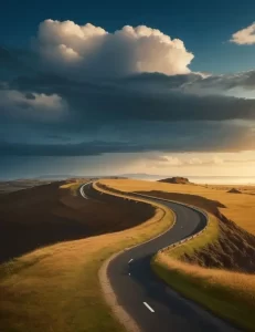 A estrada representa a jornada do autodesenvolvimento, cheia de reviravoltas e desafios. À medida que avançamos pela estrada, vemos pessoas caminhando, correndo e explorando diferentes caminhos. Isso simboliza a variedade de abordagens que as pessoas podem adotar em sua busca pelo autodesenvolvimento.