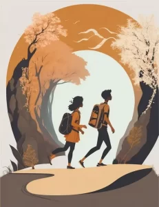 A imagem apresenta um cenário ilustrativo que simboliza a jornada do desenvolvimento pessoal.