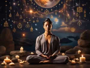 Uma pessoa meditando e visualizando seu futuro desejado, cercada por pensamentos positivos, símbolos de sucesso e gratidão, demonstrando a aplicação prática da Lei da Atração.