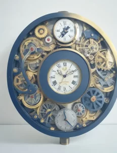 Imagem de um relógio com elementos simbolizando trabalho, família e tempo pessoal.