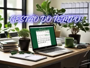 A imagem mostra um ambiente de escritório organizado com uma mesa limpa e bem iluminada. Na mesa, há um laptop aberto com um calendário digital exibindo prazos importantes e compromissos. Uma xícara de café fica ao lado do laptop. Ao fundo, uma estante com livros organizados e uma planta verde em um vaso complementam a cena, transmitindo uma sensação de eficiência e produtividade.