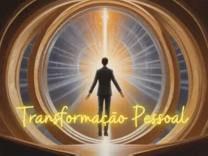 Na cena, uma pessoa está simbolicamente atravessando um portal, representando a transição para um eu melhor.