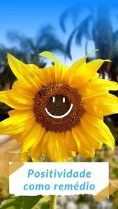 A imagem trás um girassol com um desenho de sorriso no meio. Ao fundo uma imagem desfoca de árvores e um dia iluminado, transmitindo sensação de alegria e leveza.