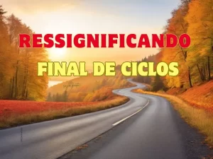 Estrada sinuosa, cercada por árvores em tons de outono, refletindo a jornada da ressignificação de ciclos. No horizonte, um nascer do sol simboliza novos começos.