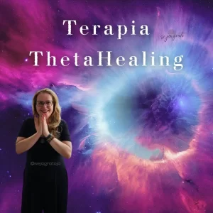 Ao fundo ondas nos tons de azuis, lilás, branco em tons claros e suaves. Imagem da terapeuta com as mãos unidas.