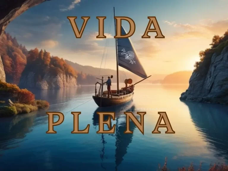 Uma pessoa navegando em um rio de momentos, cada um simbolizado por eventos passados e presentes. À frente, um horizonte aberto, sugerindo o desconhecido do futuro. O cenário é vívido e inspirador.