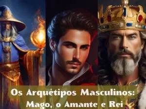 Imagem com um mago segurando uma espécie de lamparina com uma chama em tons de amarelo alaranjados. No centro a imagem do amante com olhar sedutor, pele com tom moreno. Na direta imagem do rei, com coroa cravejada de pedras, barba longa e bem aparada, cabelo ondulado e longo, vestindo roupa branca e detalhes dourados e pedras na gola.