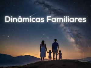 Imagem com uma família de mãos dadas, olhando o horizonte fazendo referência aos antepassados. Um lindo céu com estrelas e um por do sol, representando situações e vivências passadas.