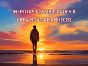 A imagem retrata um nascer do sol espetacular, pintando o céu com tonalidades quentes e suaves. A primeira luz do dia ilumina um horizonte cheio de promessas, simbolizando a renovação e as inúmeras oportunidades que cada novo amanhecer oferece. Em primeiro plano, uma pessoa está de pé, olhando para o horizonte, representando a atitude de abraçar as possibilidades que se apresentam a cada dia. As sombras longas e as cores vibrantes transmitem uma sensação de esperança e otimismo, destacando a mensagem central do artigo sobre a importância de reconhecer e aproveitar as oportunidades na jornada da vida.