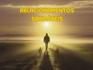 Uma pessoa caminha em direção ao horizonte, deixando para trás silhuetas escuras que representam relacionamentos tóxicos. À frente, um sol brilhante irradia luz sobre um caminho claro e sereno, simbolizando a jornada em direção a relacionamentos saudáveis e bem-estar emocional.