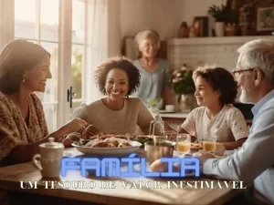 A imagem de uma família reunida ao redor de uma mesa, sorrindo e compartilhando momentos felizes juntos. A atmosfera é de calor e conexão, refletindo a importância dos laços familiares e do apoio mútuo.