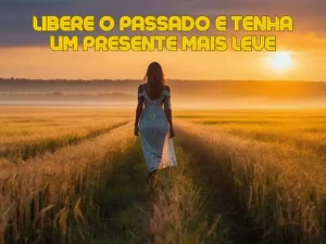 A imagem trás uma cena tranquila e serena, com um pôr do sol suave sobre um campo aberto, transmitindo uma sensação de libertação e renovação. Na imagem, uma mulher esta caminhando em direção ao horizonte, simbolizando o movimento em direção a um presente mais leve e equilibrado. O cenário é reconfortante e inspirador, evocando sentimentos de paz interior e aceitação.