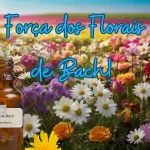 Imagem tranquila de um campo de flores coloridas, com destaque para as delicadas pétalas em tons vibrantes. As flores estão dispostas em harmonia, evocando uma sensação de paz e equilíbrio. Na imagem no lado esquerdo um frasco de floral.