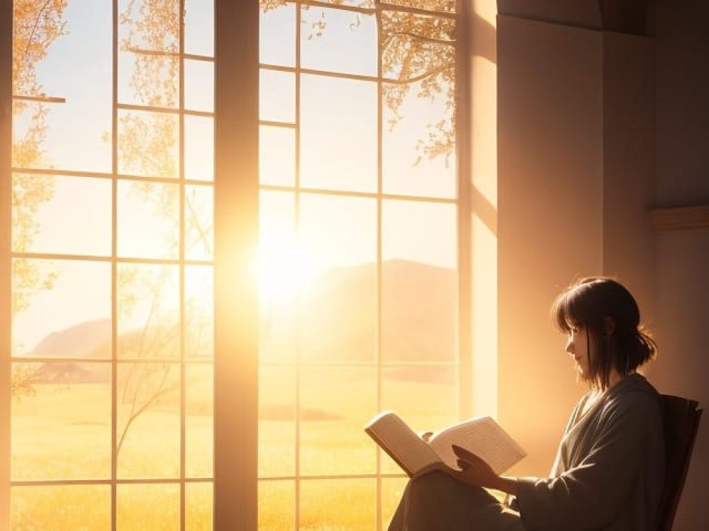Cena tranquila e inspiradora: um indivíduo, em um momento de reflexão, sentado em um ambiente sereno e iluminado pela luz dourada do entardecer. No primeiro plano, vemos uma pessoa com uma expressão serena, segurando um exemplar dos Salmos abertos, como se estivesse meditando sobre suas palavras de gratidão e louvor.