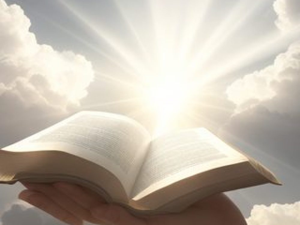 No centro da imagem, há uma mão humana delicada e acolhedora, protegida em direção a um feixe de luz suave que irradia do alto. A luz, que parece filtrar-se através de nuvens suaves e etéreas, simboliza a presença divina e a esperança que os Salmos trazem para aqueles que estão passando por momentos de angústia.